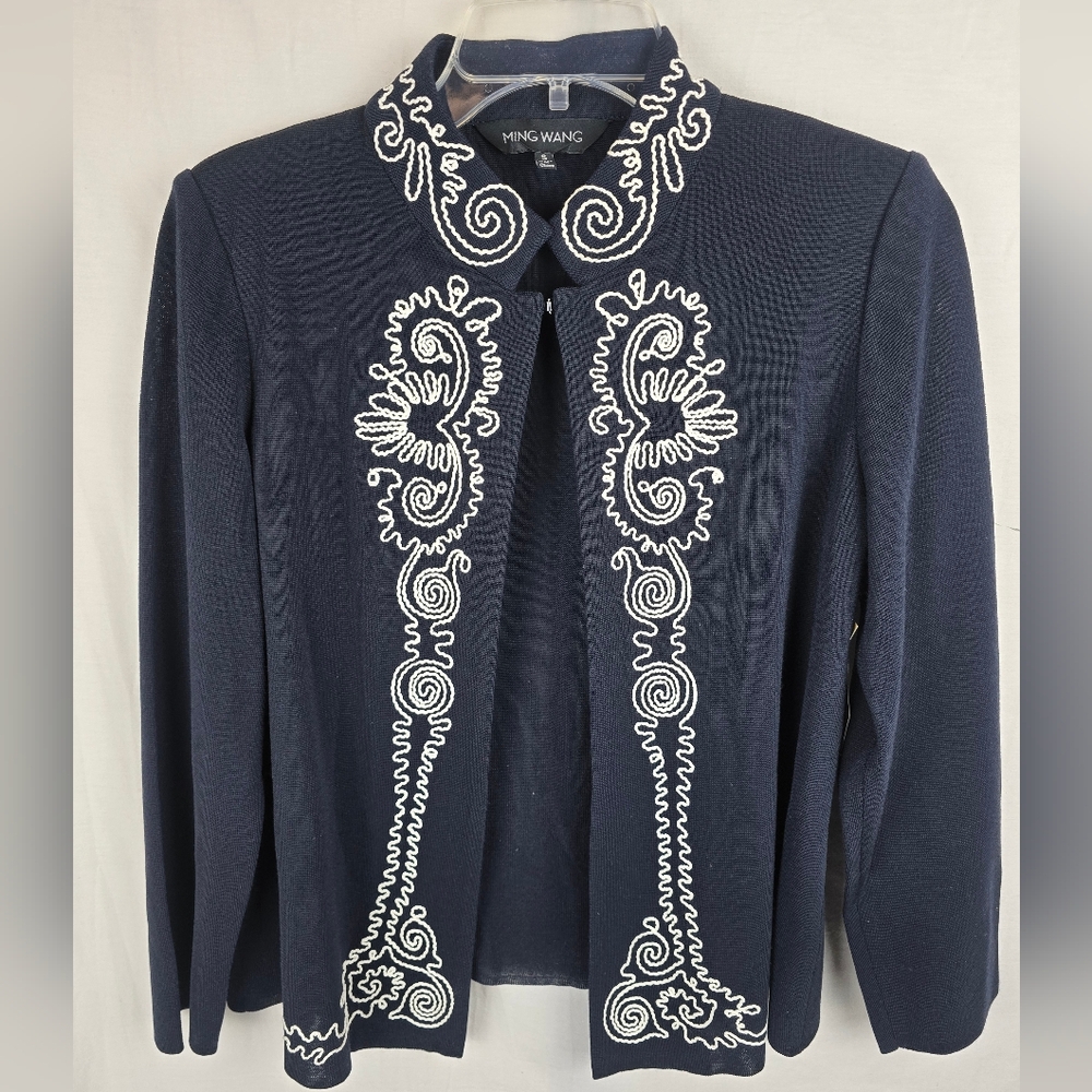 Ming Wang Women's Navy Long Sleeve Jacket with White Embroidery Sz S